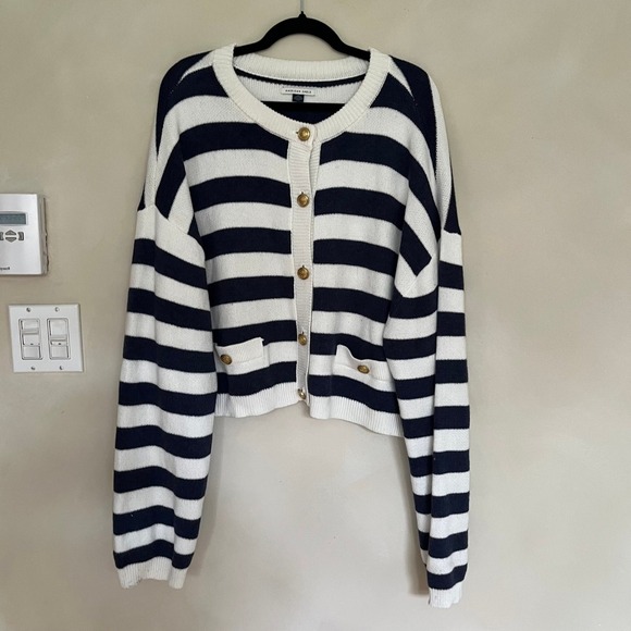 American Eagle By Payless Sweaters - American Eagle Women's Navy Blue White Stripe Cropped Cardigan Sweater XXL